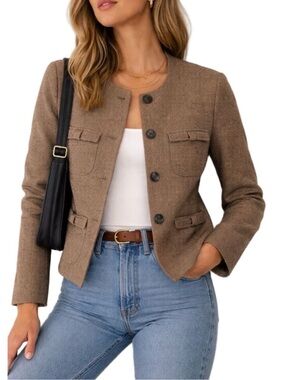 Cabi #3170 Penny Herringbone Fleck Button Front Blazer with Bow Pockets Medium
